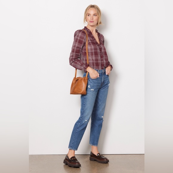 EVEREVE NWOT Maroon plaid ruffle top. Long sleeve. Button front. New. Size XS - Picture 3 of 9